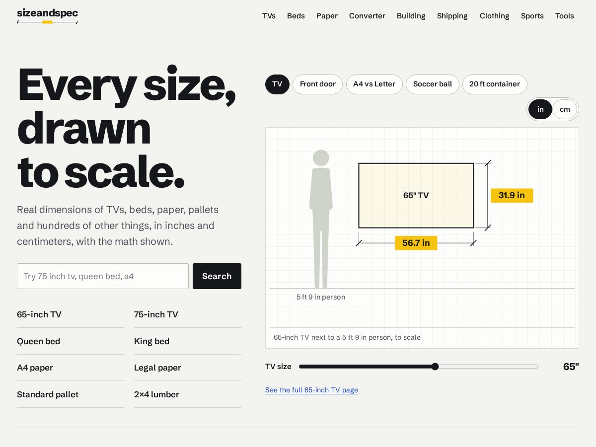 Landing-page snapshot of sizeandspec.com