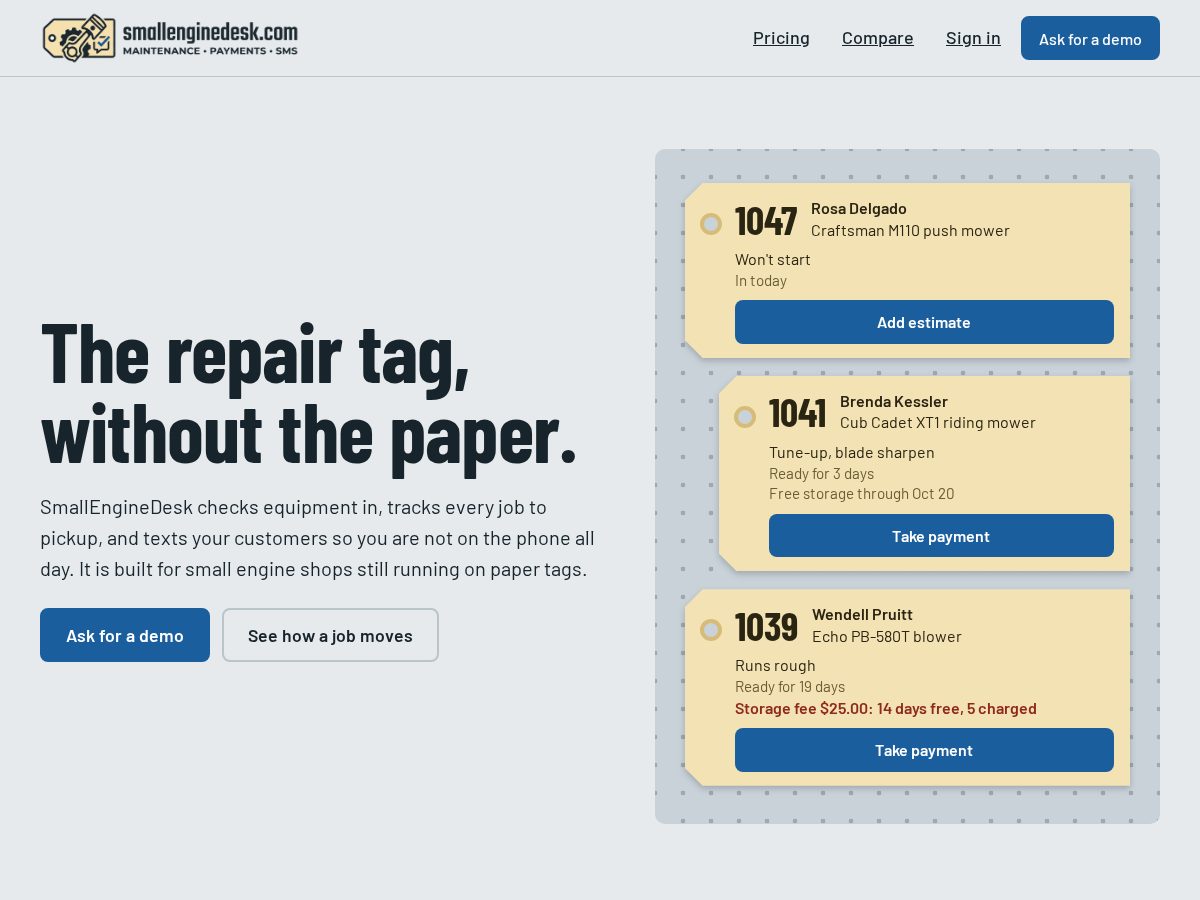 Landing-page snapshot of smallenginedesk.com