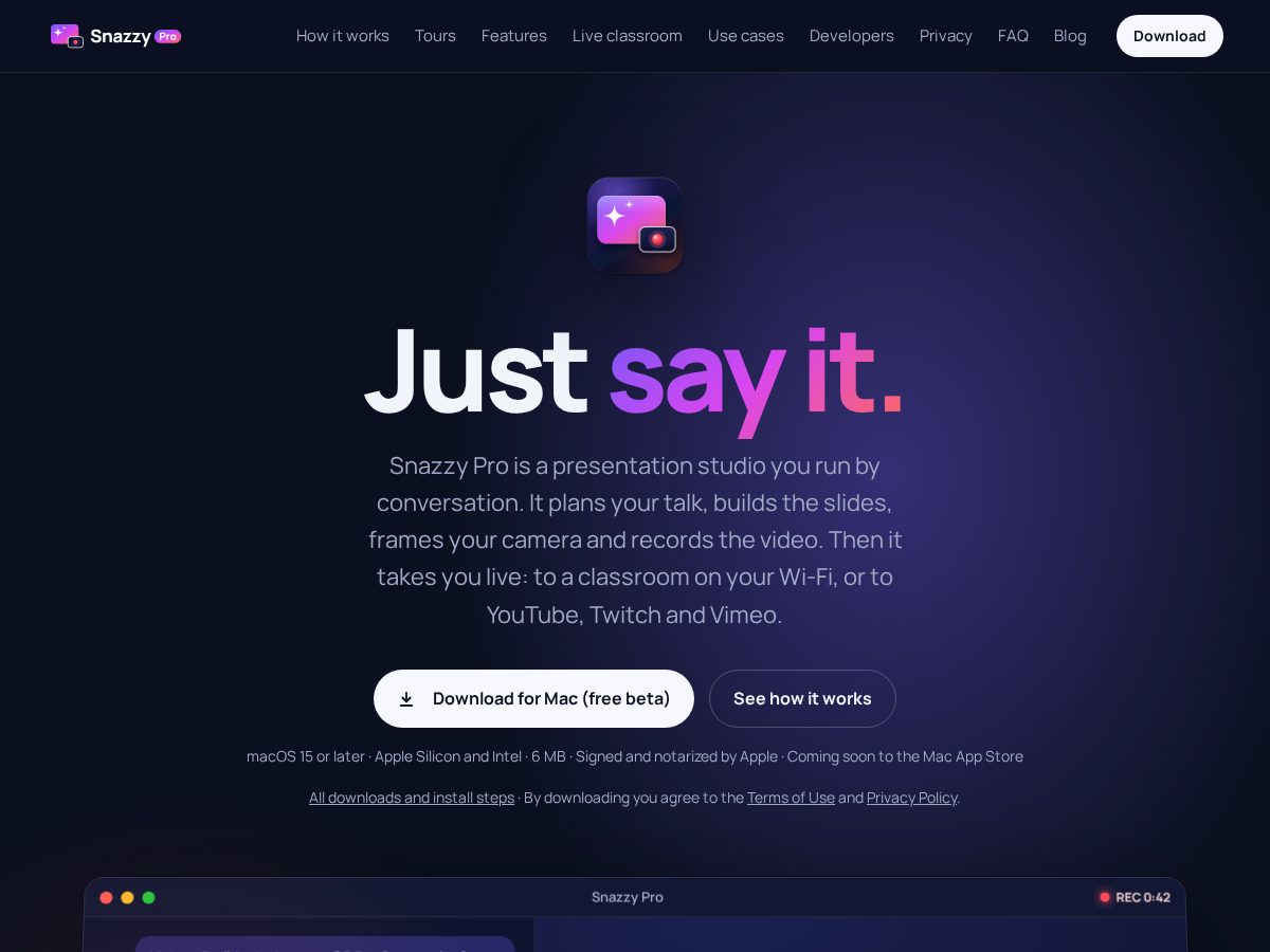 Landing-page snapshot of snazzy.pro