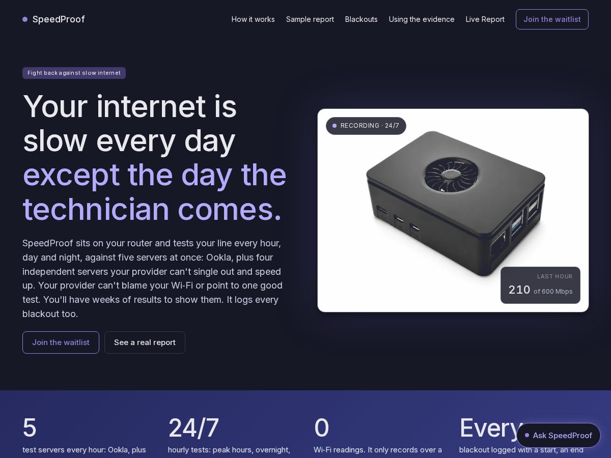Landing-page snapshot of speedproof.net