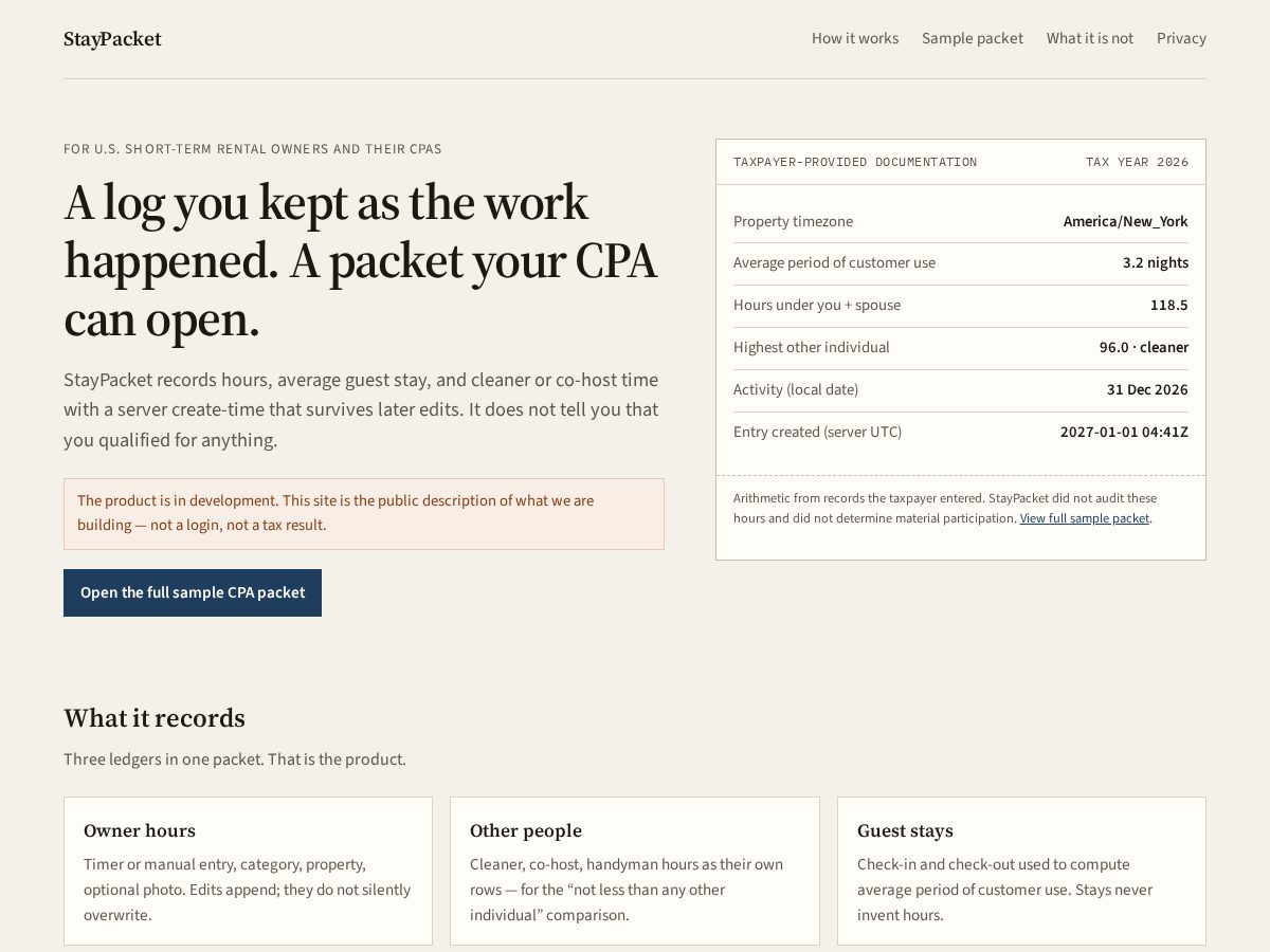 Landing-page snapshot of staypacket.com