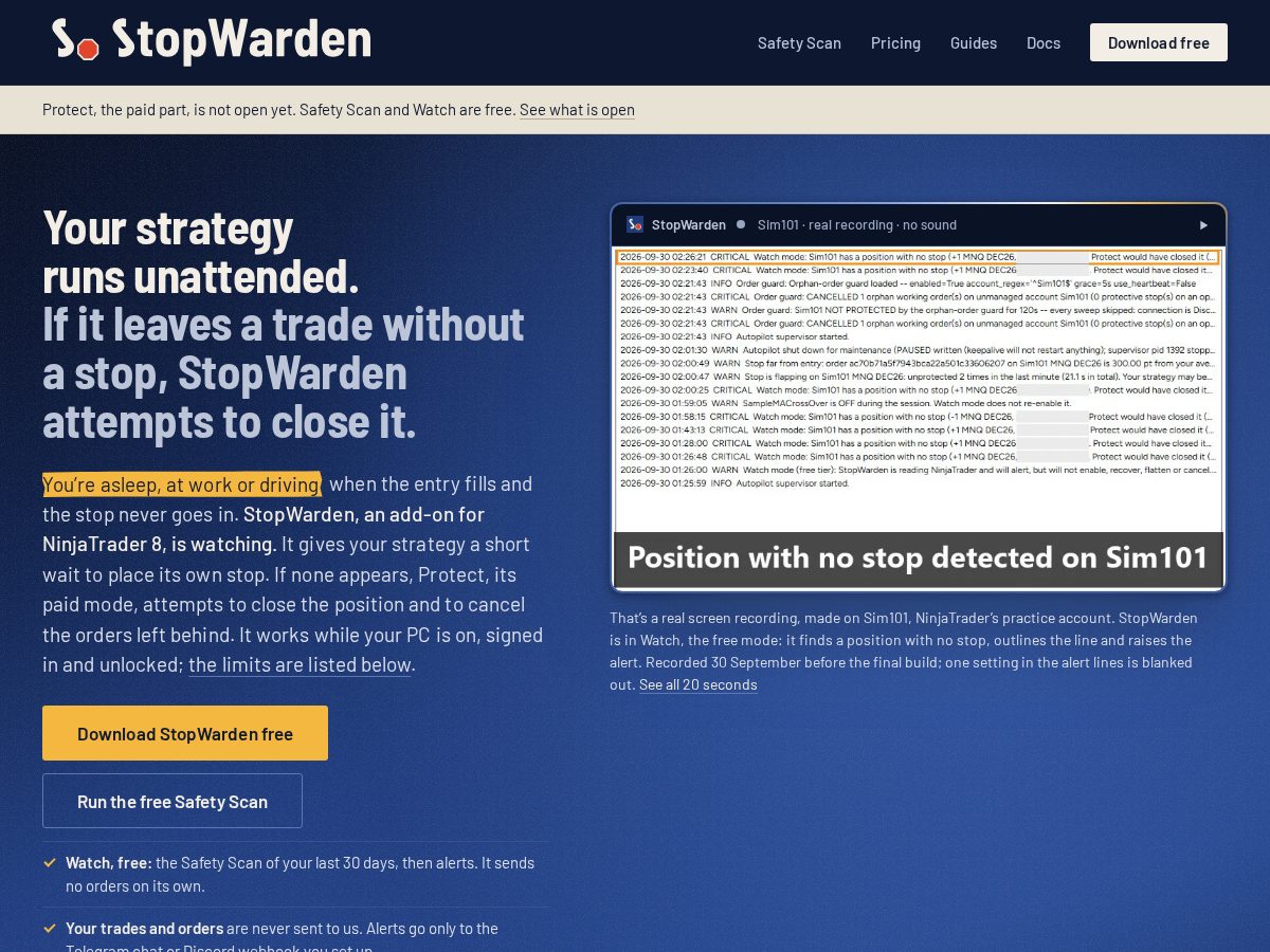 Landing-page snapshot of stopwarden.com