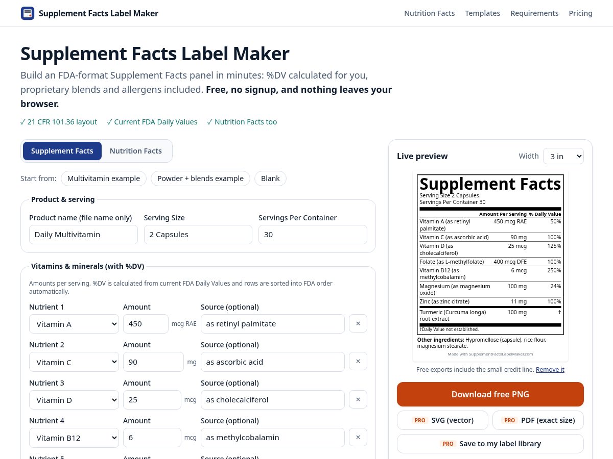 Landing-page snapshot of supplementfactslabelmaker.com