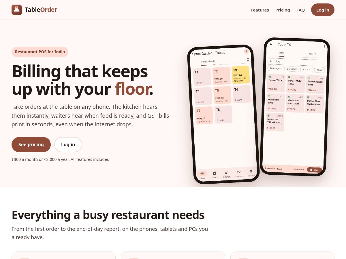 Landing-page snapshot of tableorderpos.com