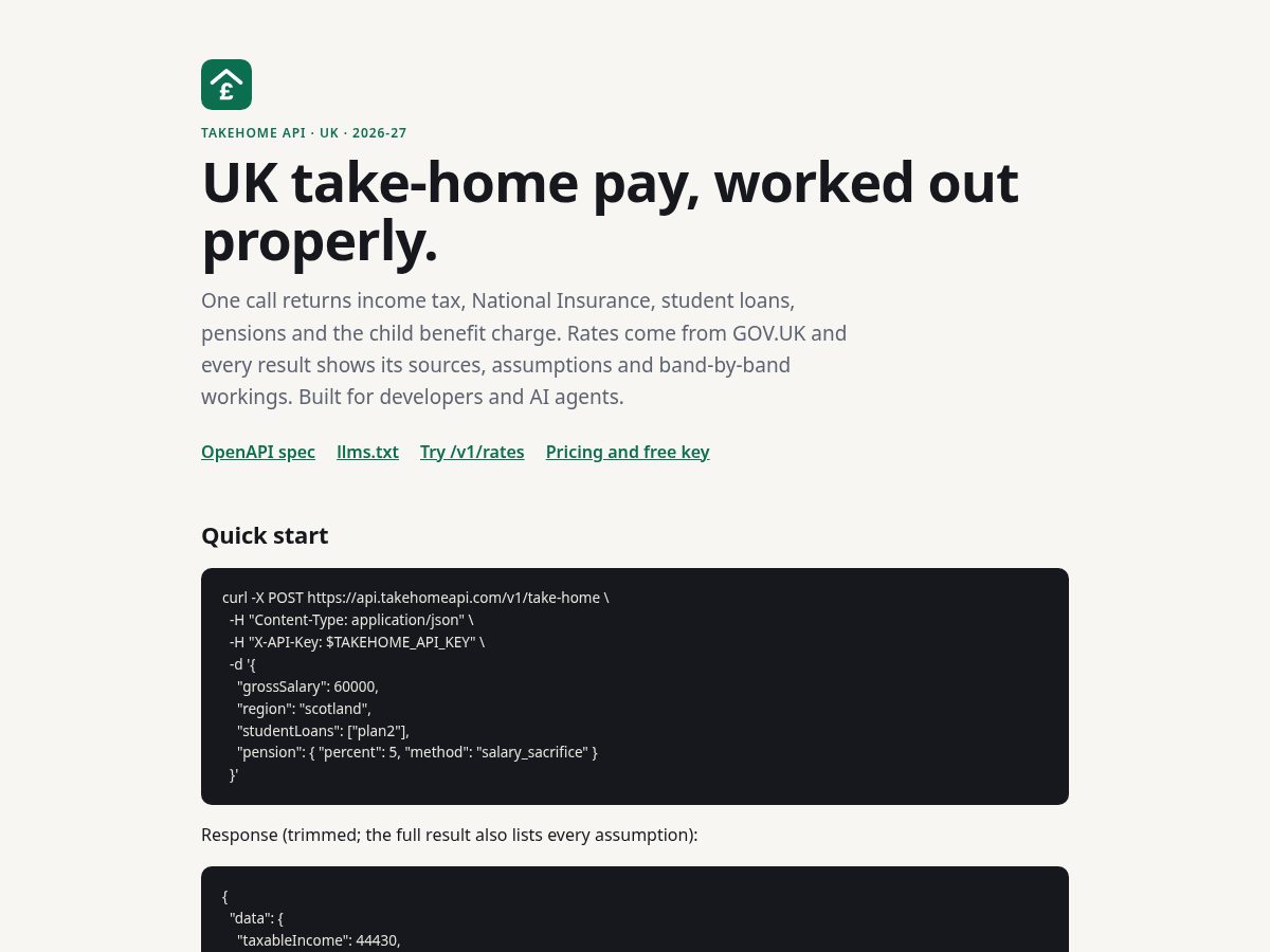 Landing-page snapshot of takehomeapi.com