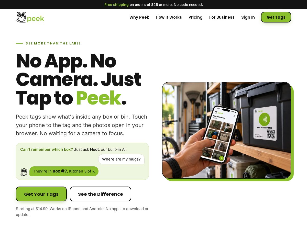 Landing-page snapshot of taptopeek.com