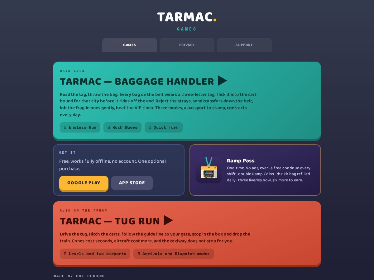 Landing-page snapshot of tarmacgames.com