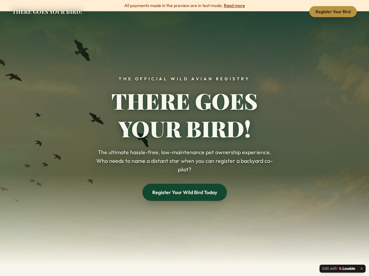 Landing-page snapshot of theregoesyourbird.com