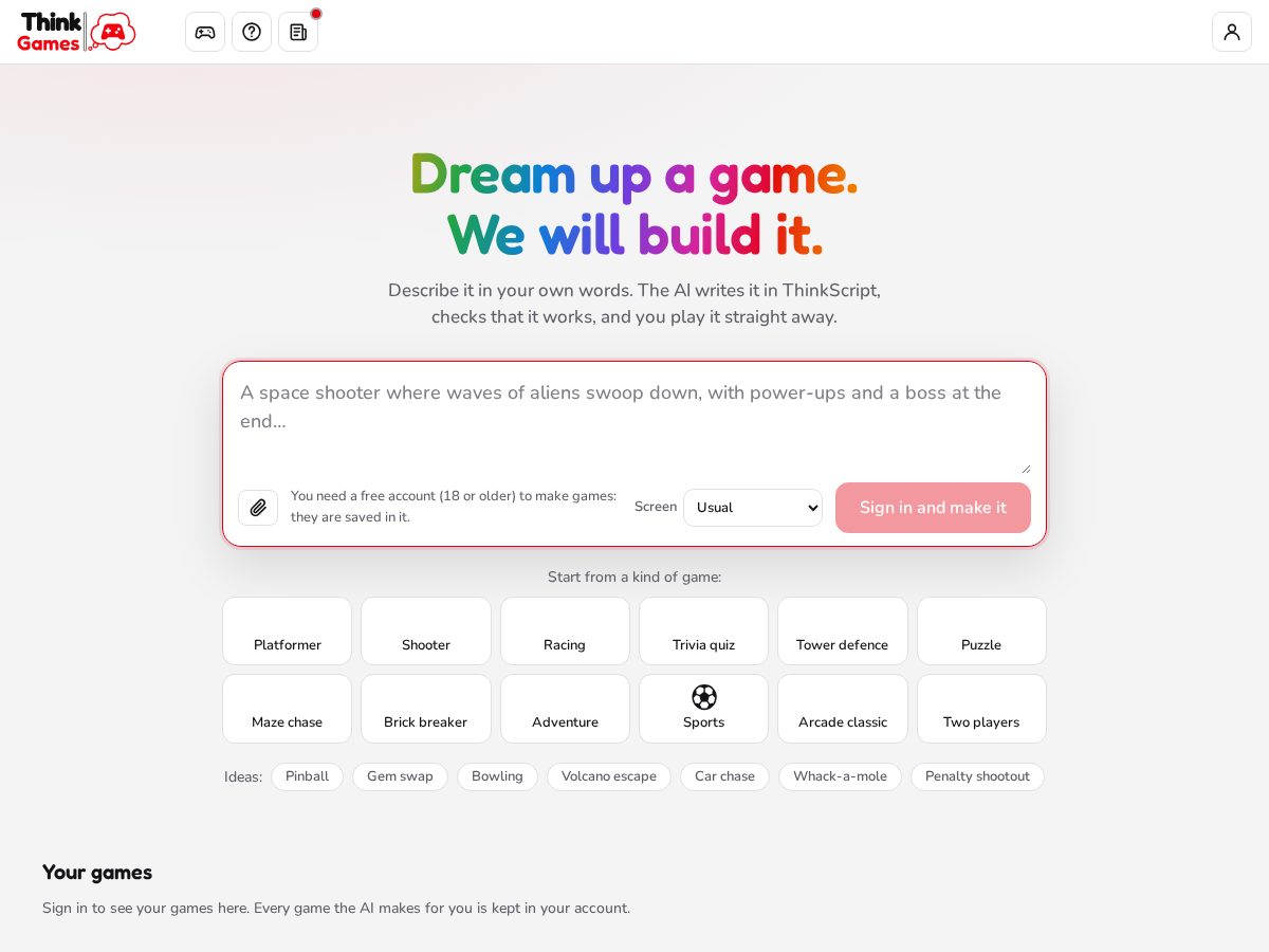 Landing-page snapshot of think.games