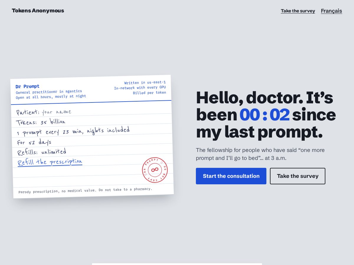 Landing-page snapshot of tokensanonymous.org