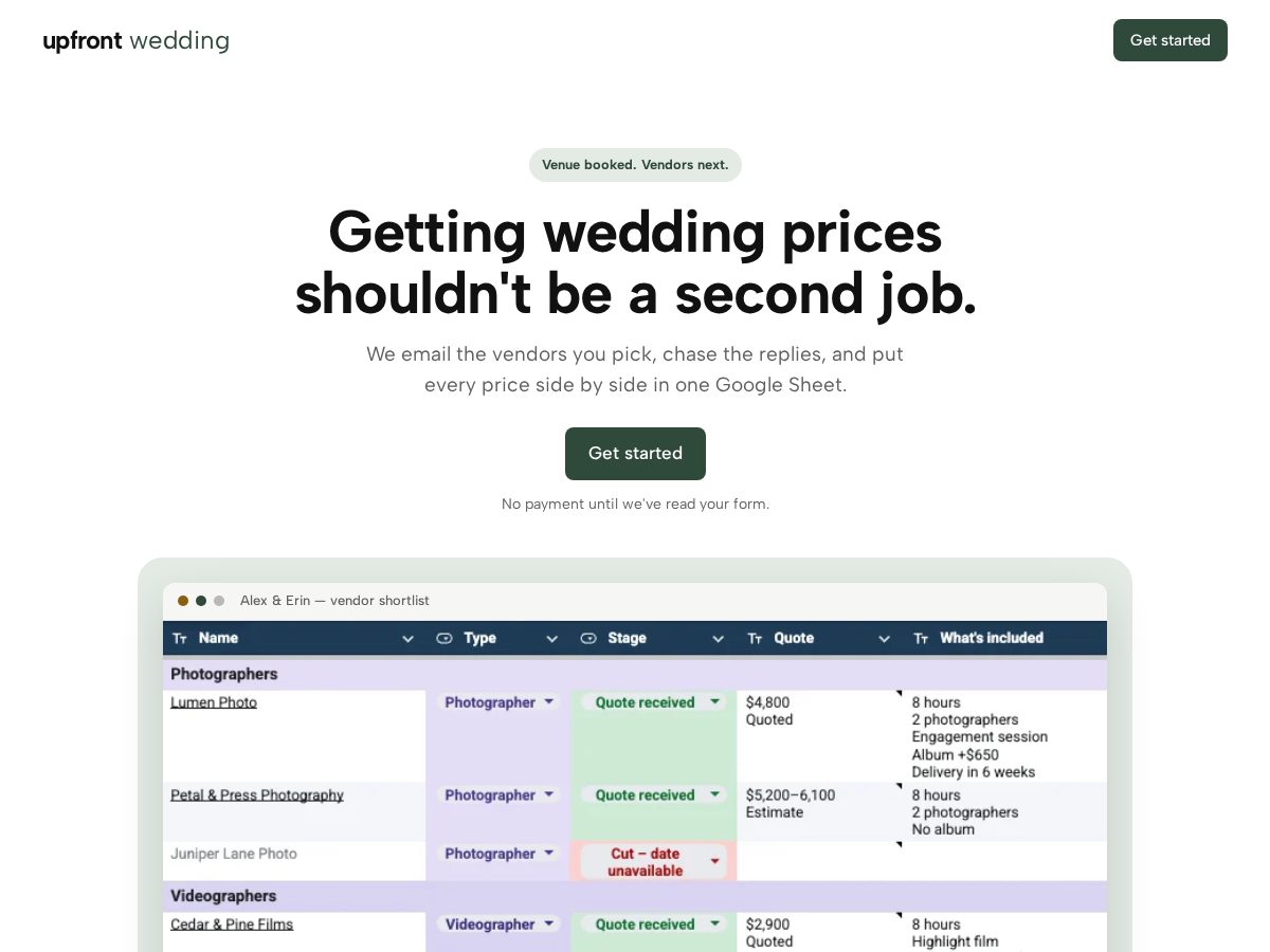 Landing-page snapshot of upfrontwedding.com