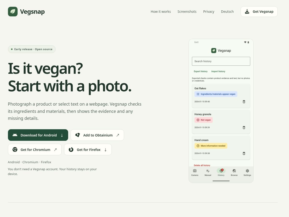 Landing-page snapshot of vegsnap.app