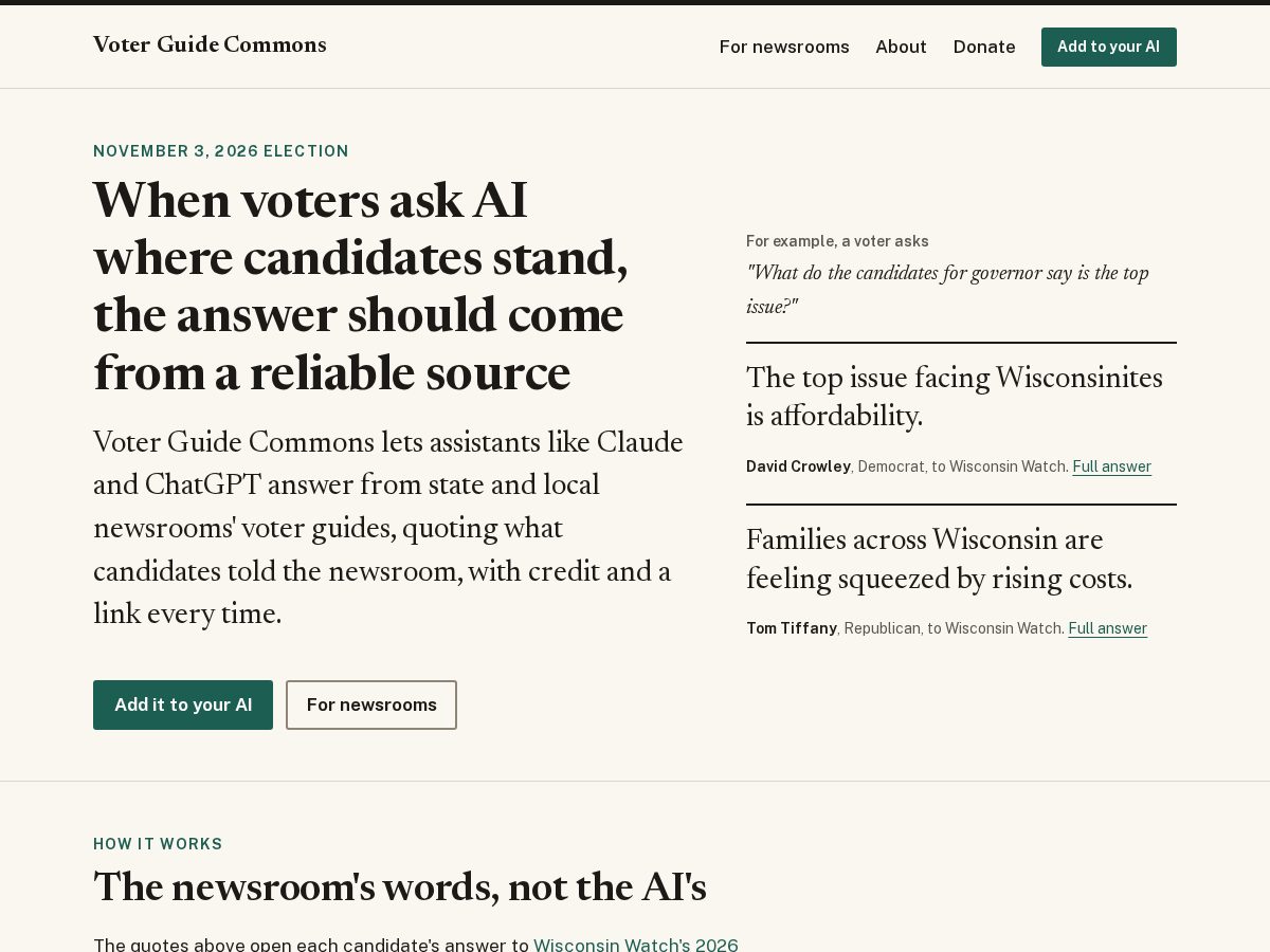 Landing-page snapshot of voterguidecommons.com