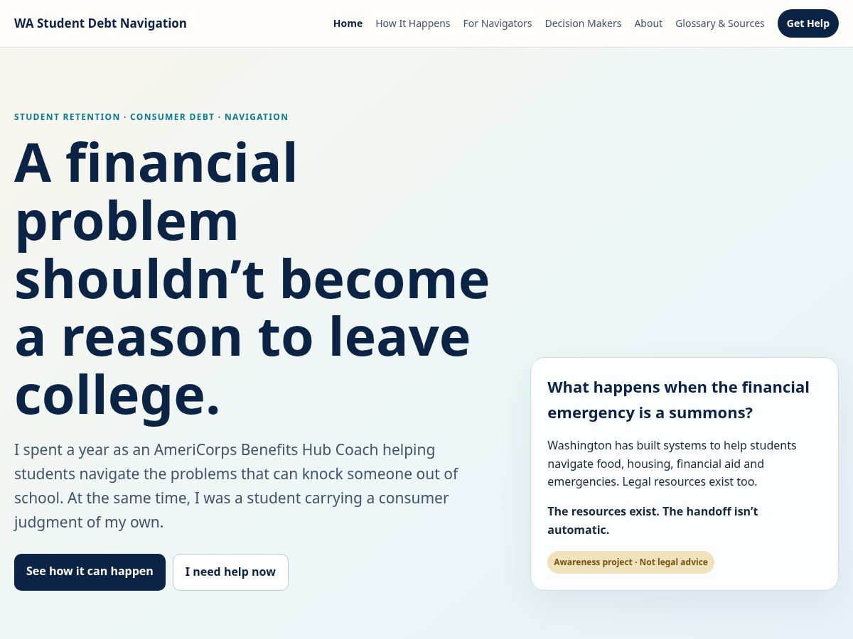 Landing-page snapshot of wastudentdebt.org
