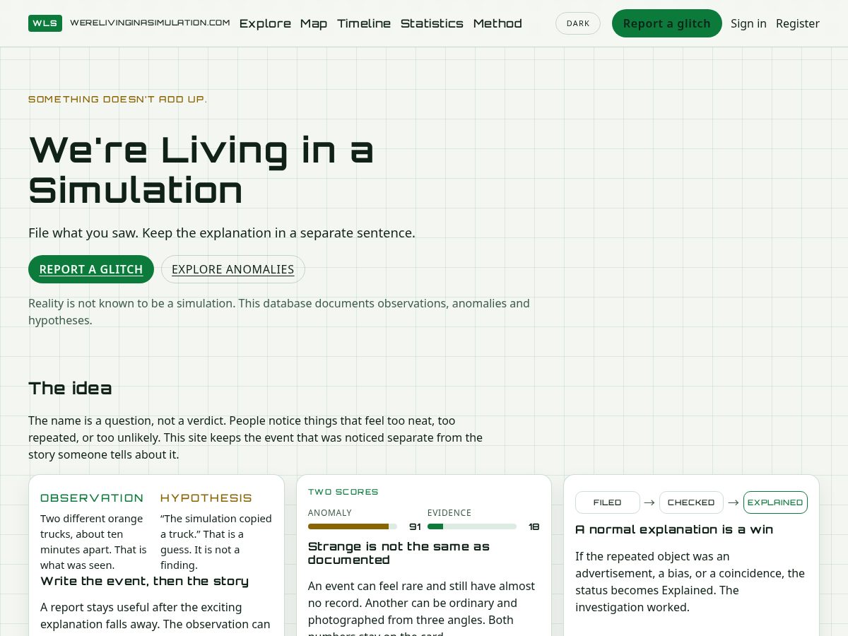 Landing-page snapshot of werelivinginasimulation.com