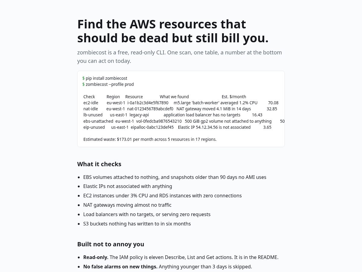Landing-page snapshot of zombiecost.com