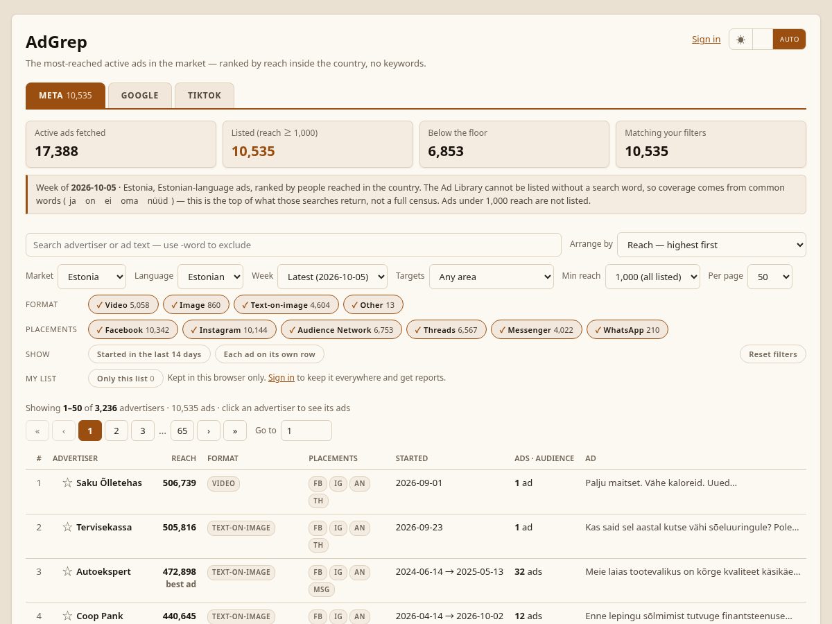 Landing-page snapshot of adgrep.com