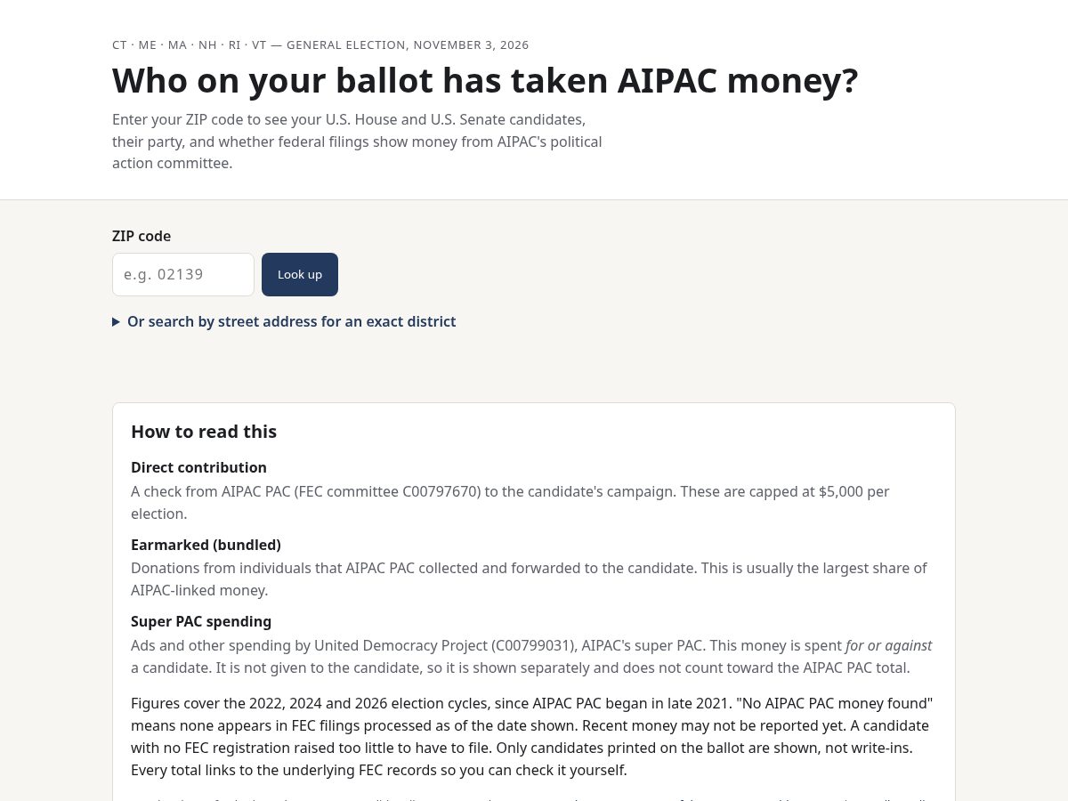 Landing-page snapshot of aipacmoneytracker.org