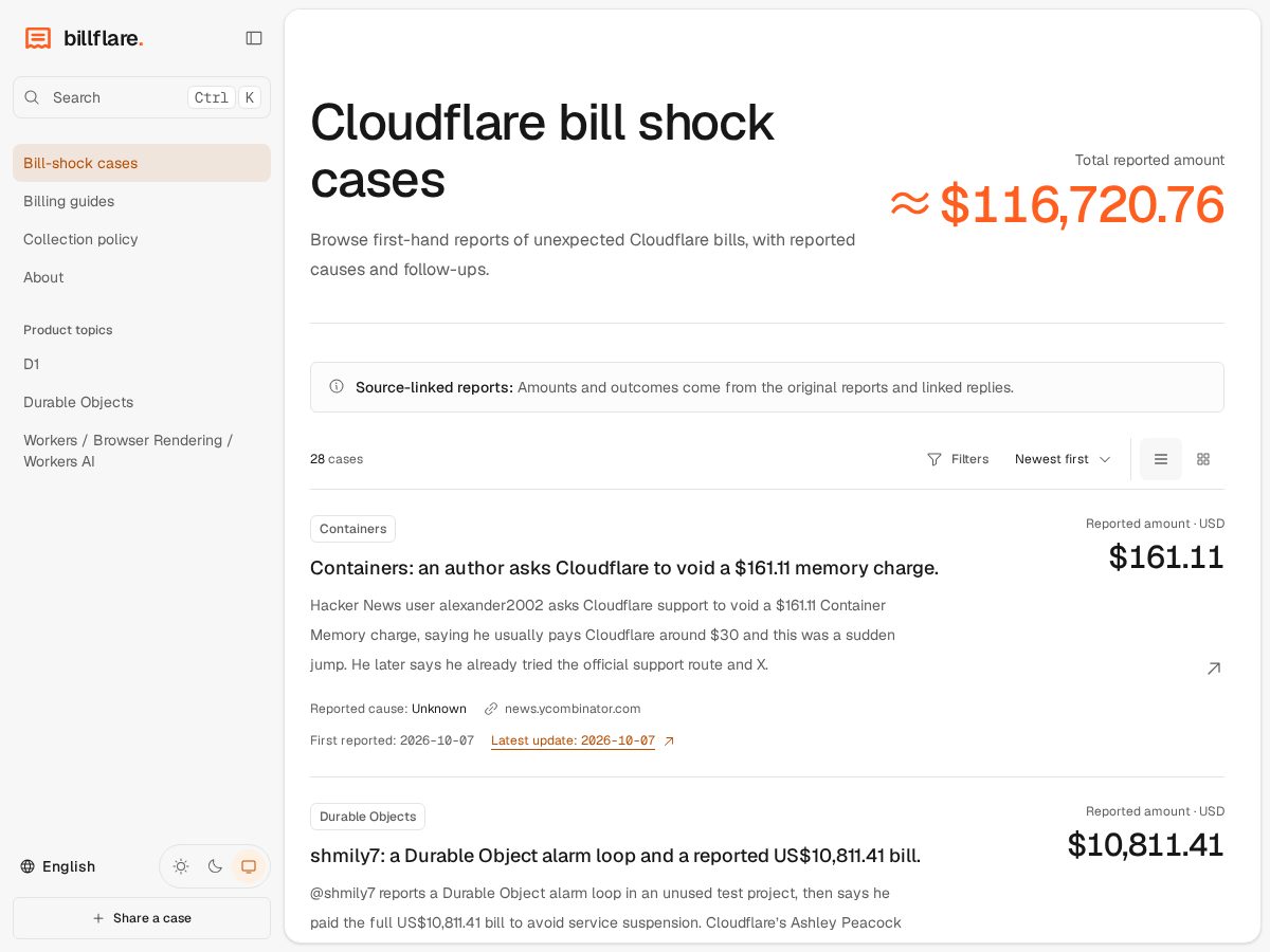 Landing-page snapshot of billflare.dev