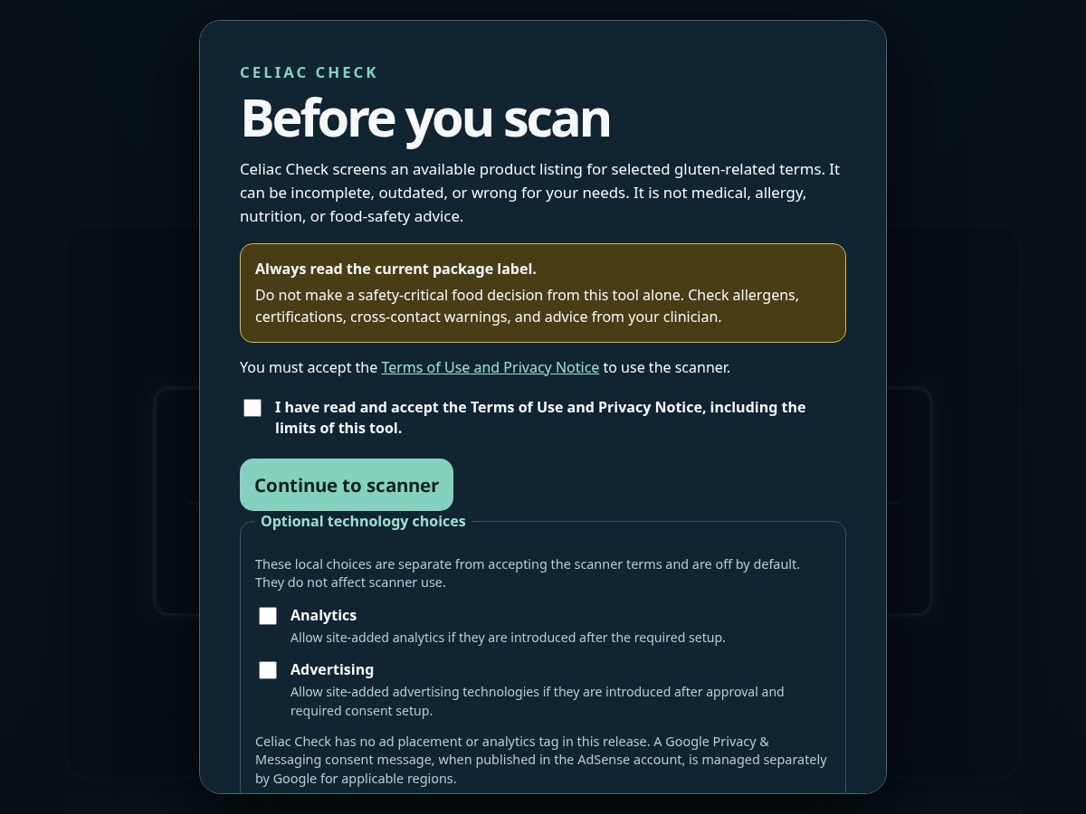 Landing-page snapshot of celiaccheck.com