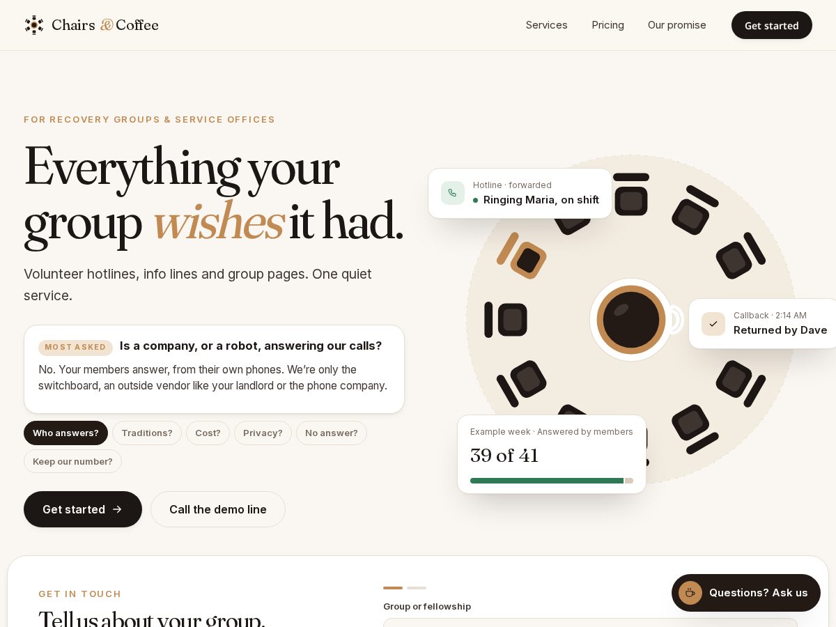 Landing-page snapshot of chairsandcoffee.com
