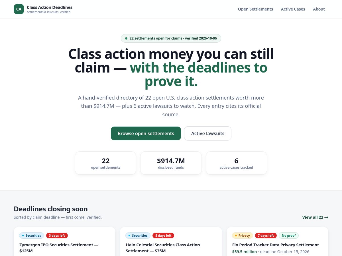 Landing-page snapshot of classactiondeadlines.com