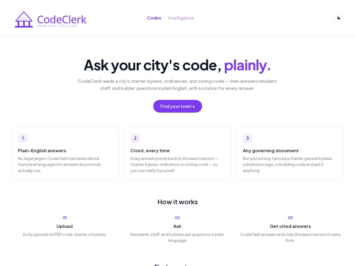 Landing-page snapshot of codeclerk.app