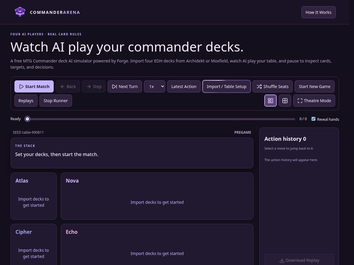 Landing-page snapshot of commanderarena.app
