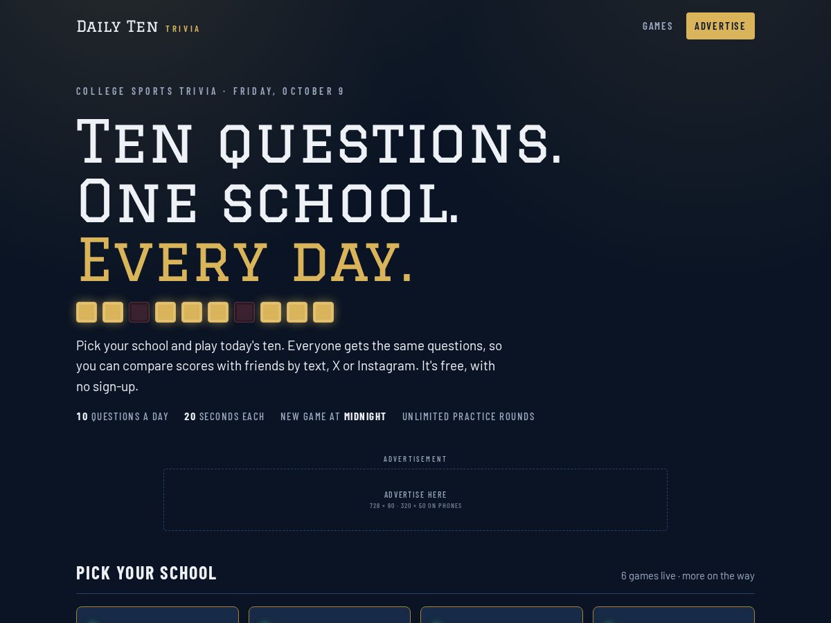 Landing-page snapshot of dailytentrivia.com