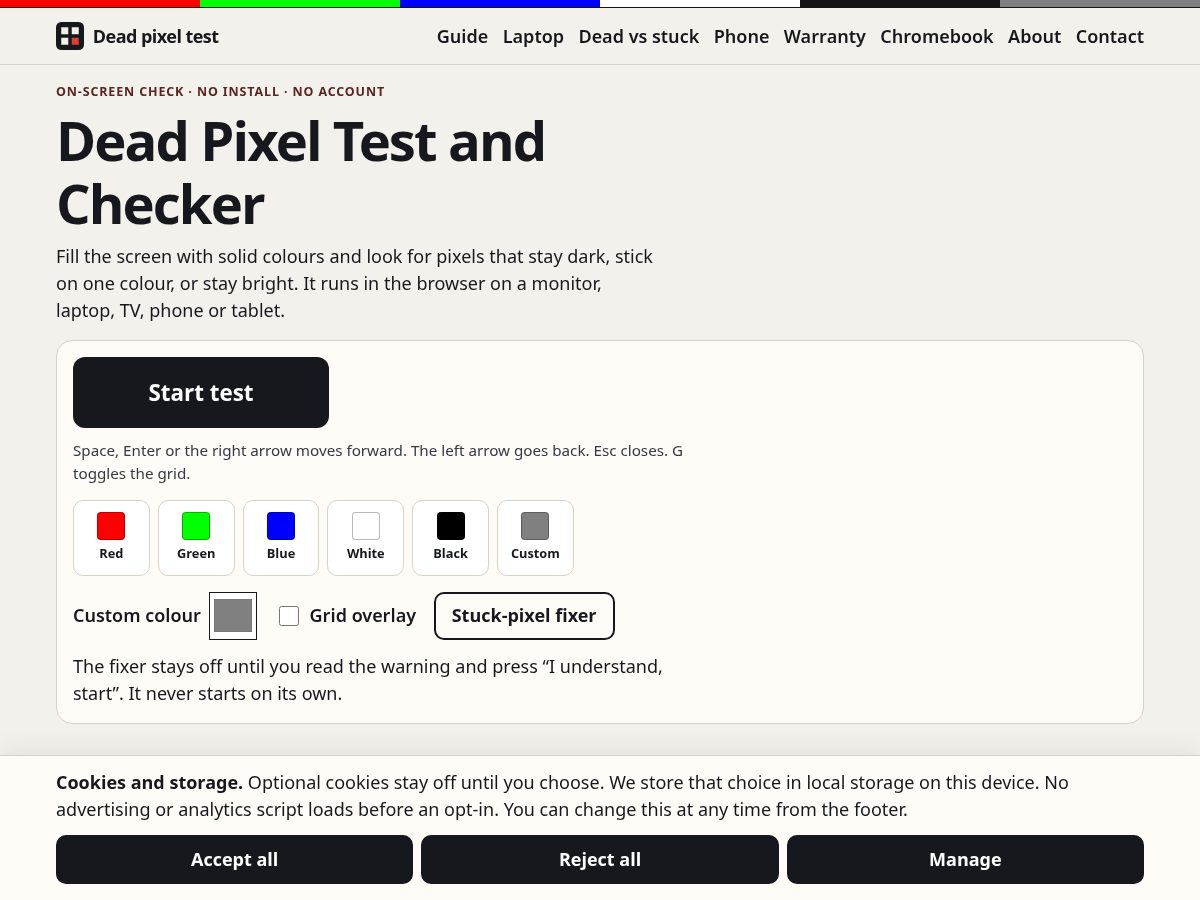 Landing-page snapshot of deadpixeltool.com