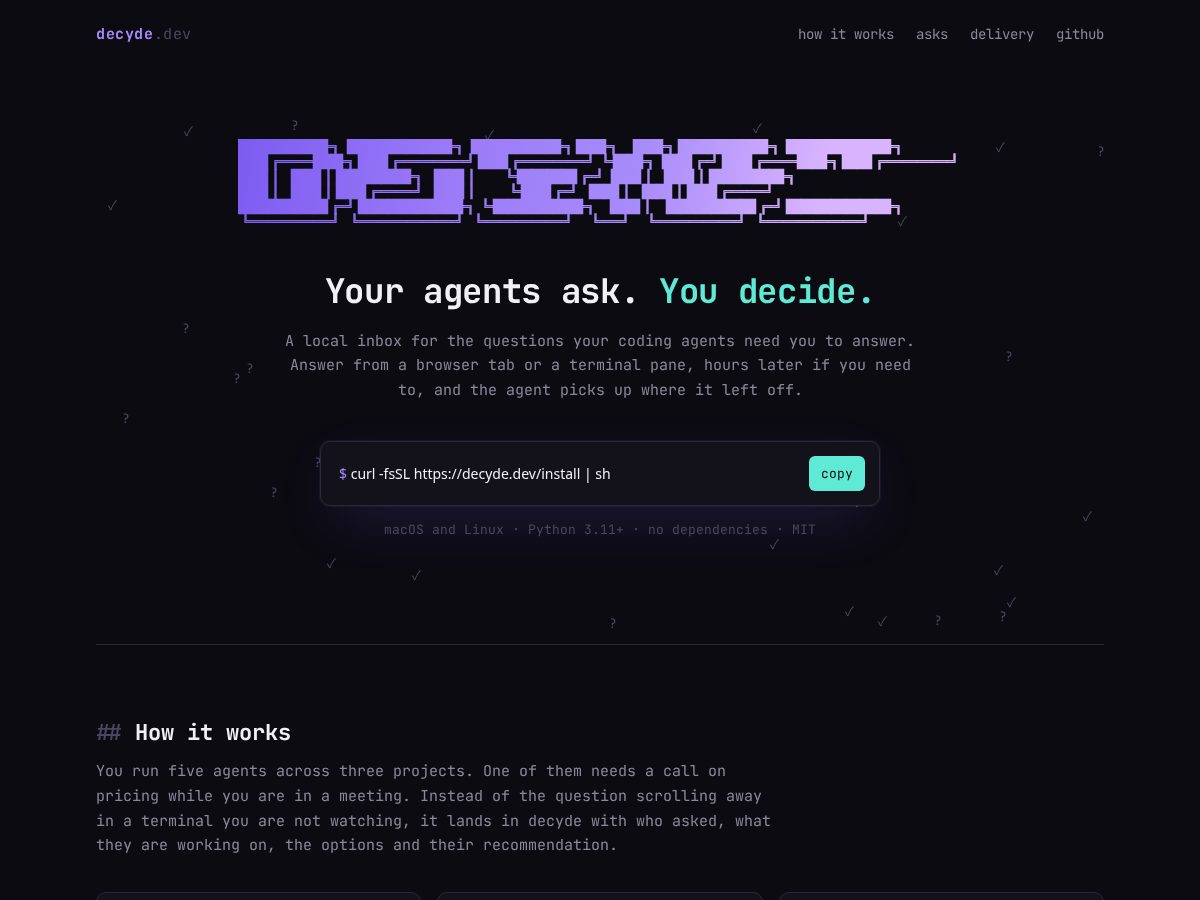 Landing-page snapshot of decyde.dev