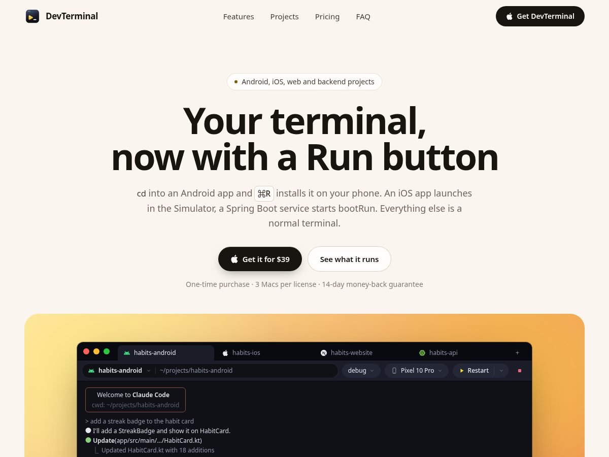 Landing-page snapshot of devterminal.app