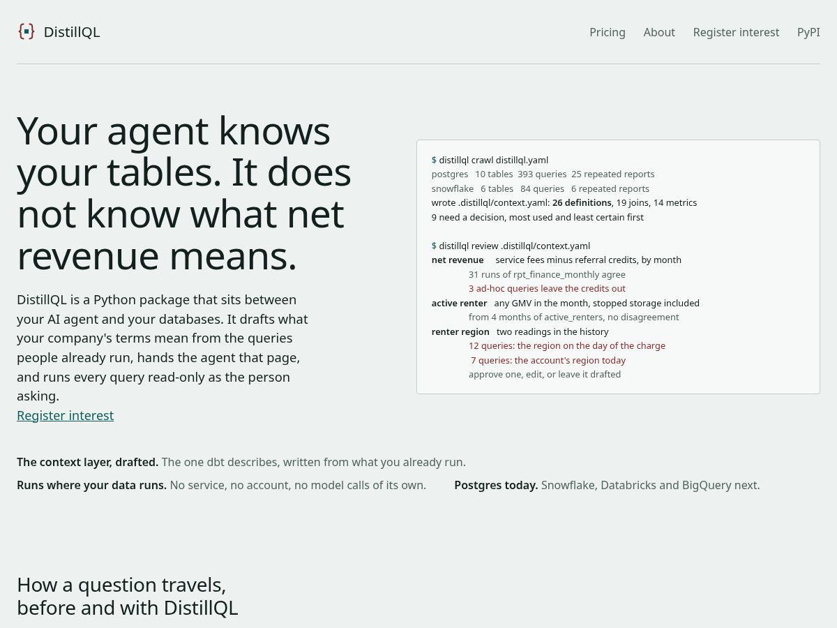 Landing-page snapshot of distillql.com