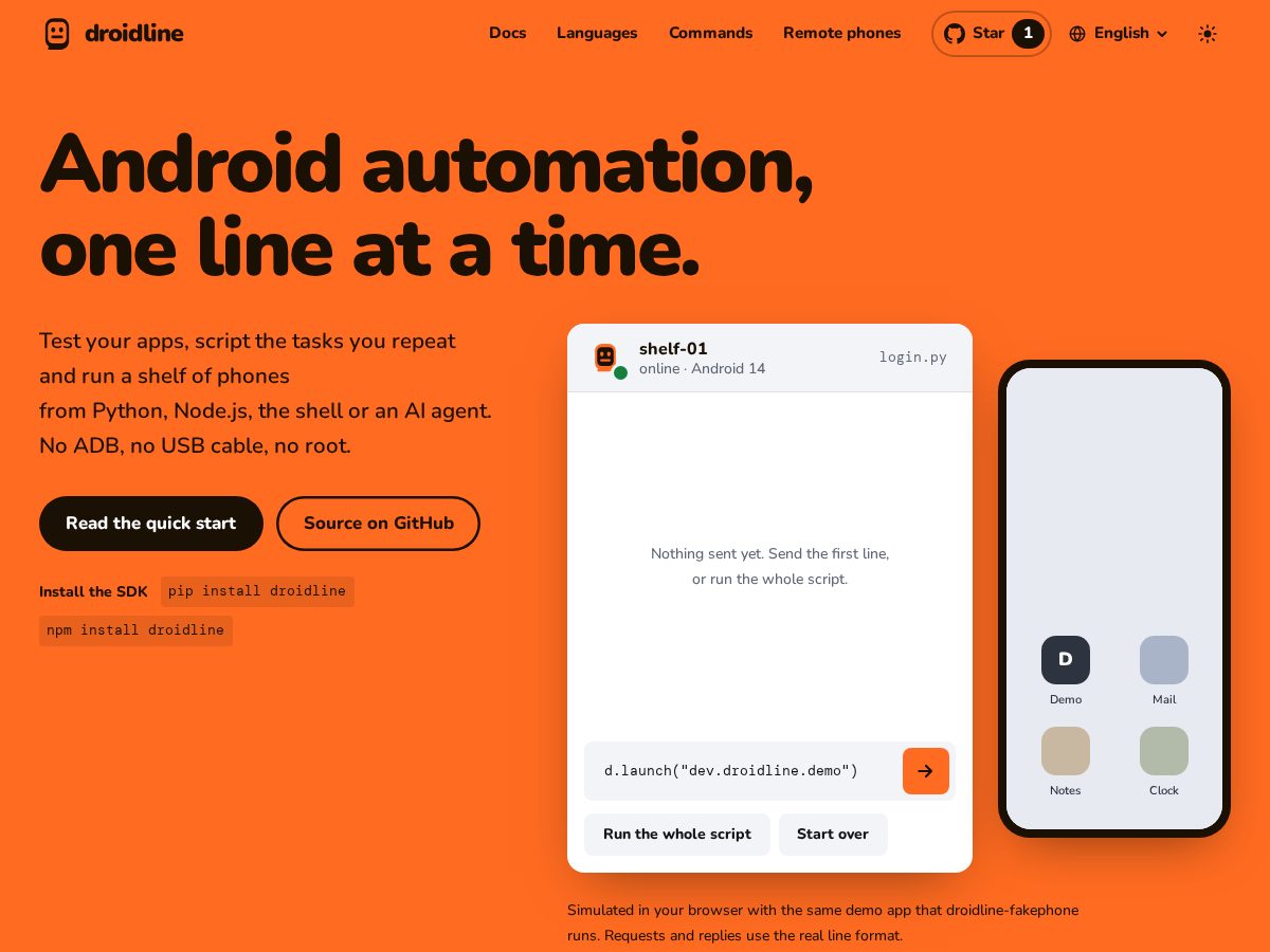 Landing-page snapshot of droidline.dev