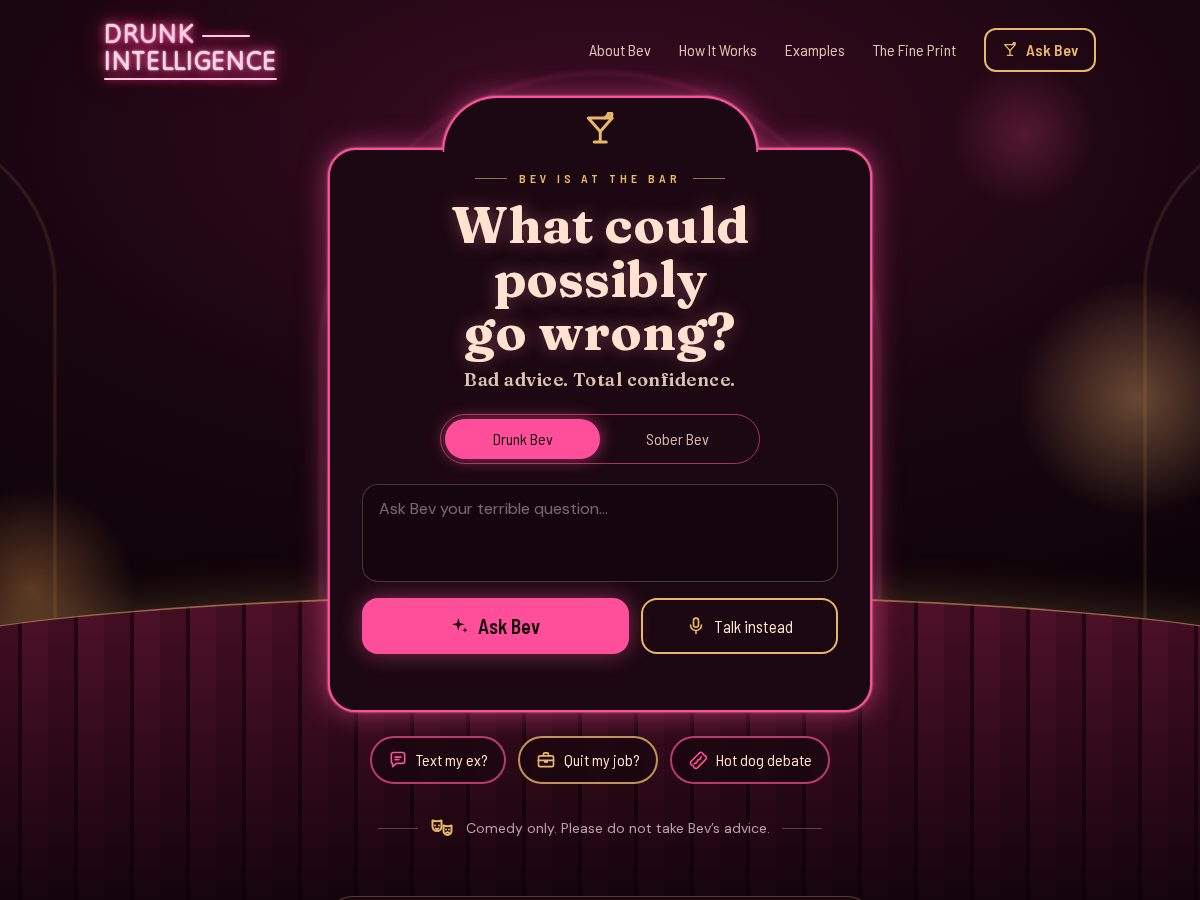 Landing-page snapshot of drunkintelligence.com