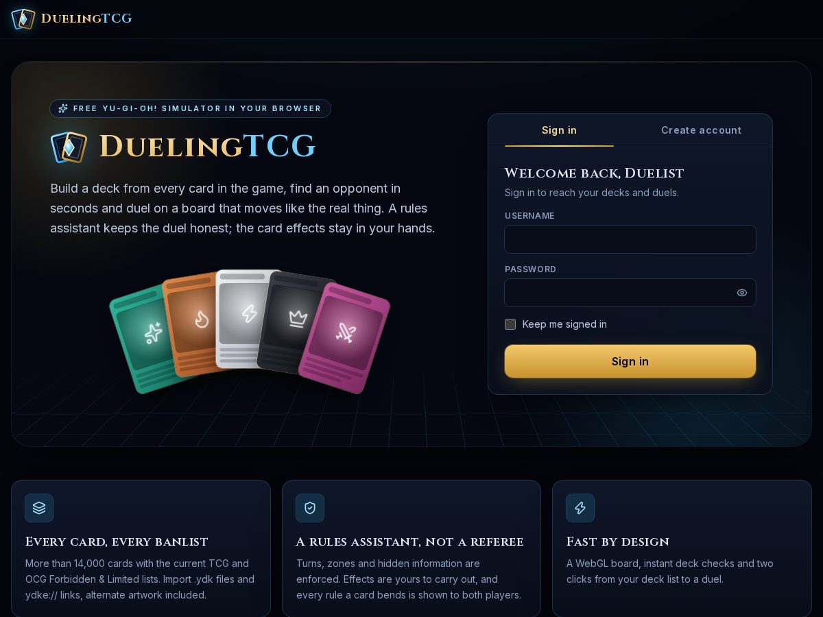 Landing-page snapshot of duelingtcg.com