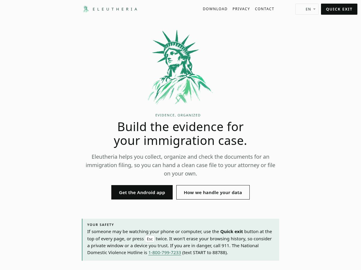 Landing-page snapshot of eleutheria.help