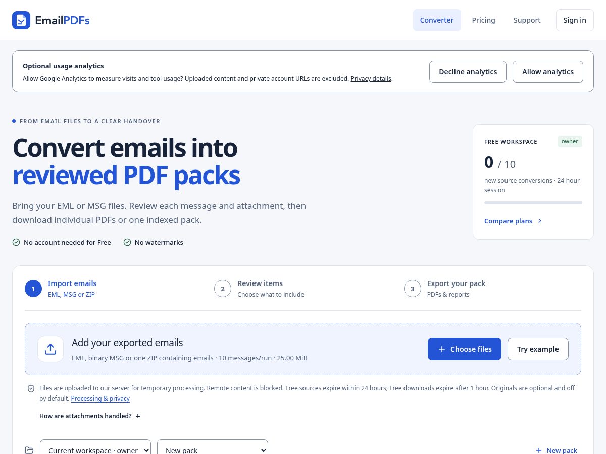 Landing-page snapshot of emailpdfs.com