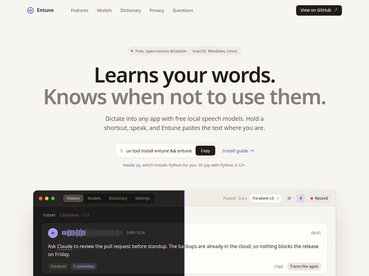 Landing-page snapshot of entune.app