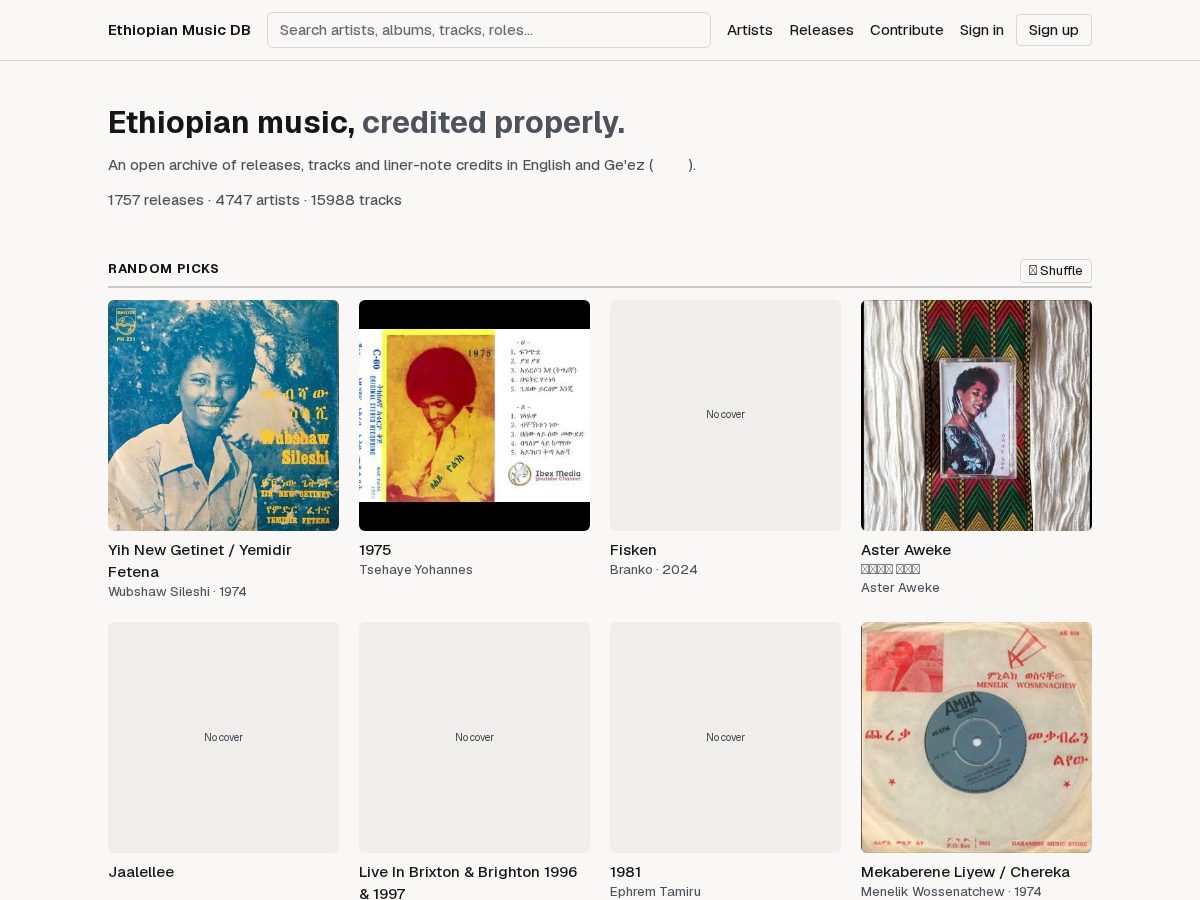 Landing-page snapshot of ethiopianmusicdb.com