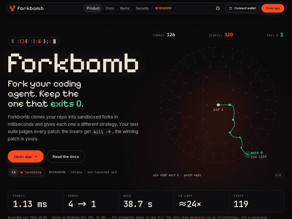 Landing-page snapshot of forkbomb.fun