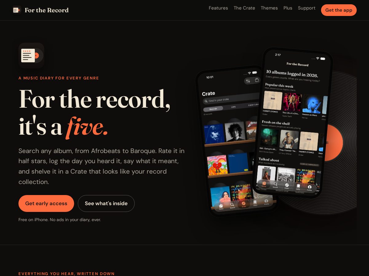 Landing-page snapshot of fortherecordapp.com