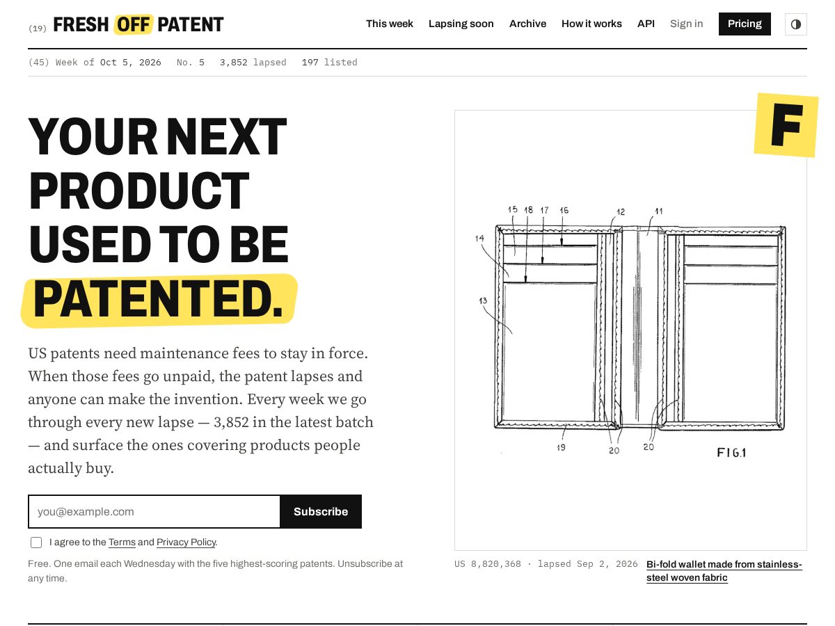 Landing-page snapshot of freshoffpatent.com
