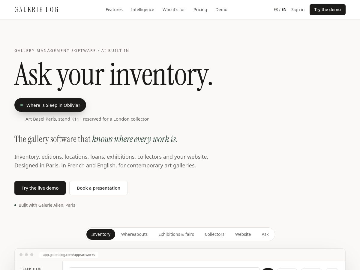 Landing-page snapshot of galerielog.com