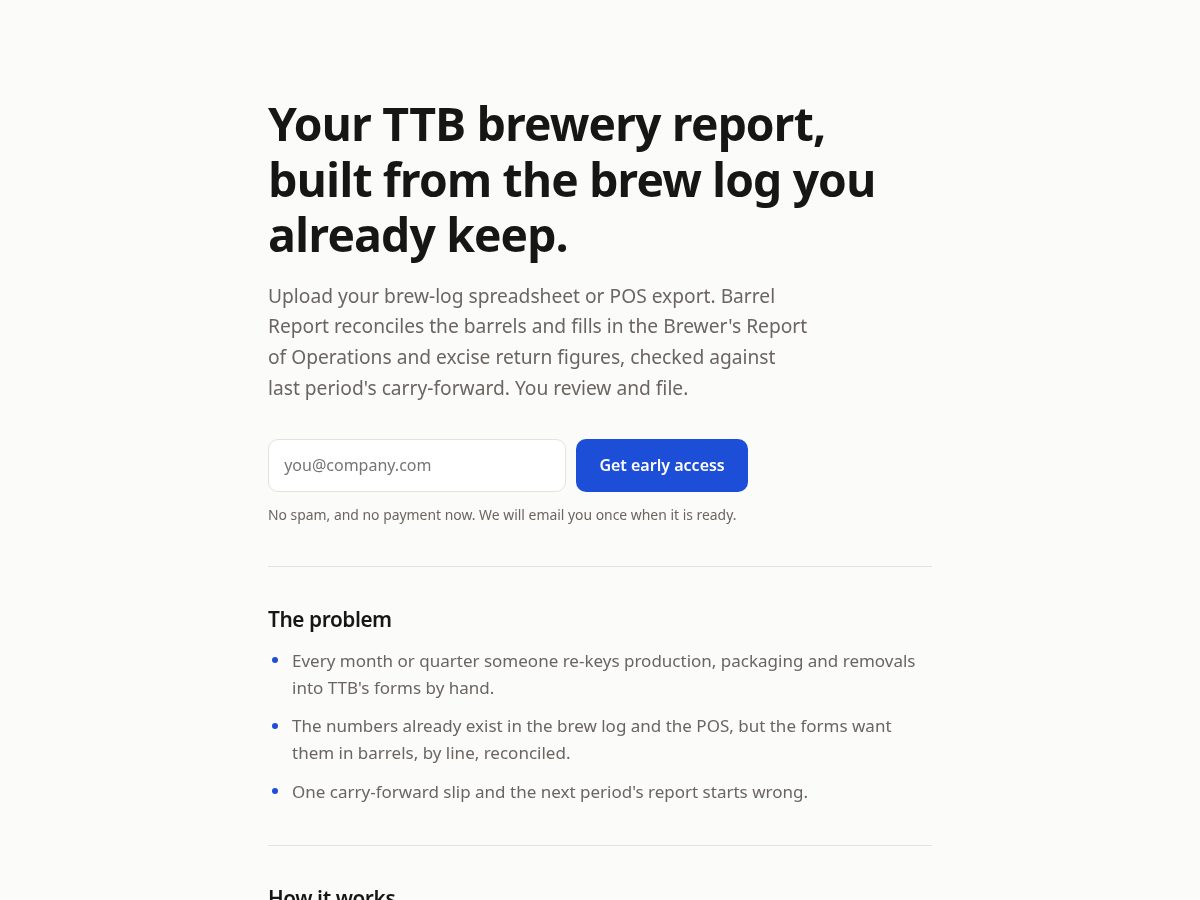 Landing-page snapshot of getbarrelreport.com