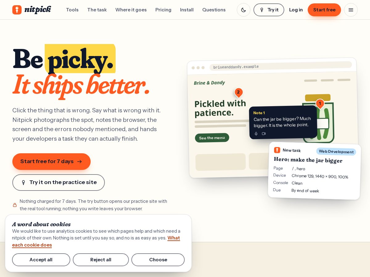 Landing-page snapshot of getnitpick.com
