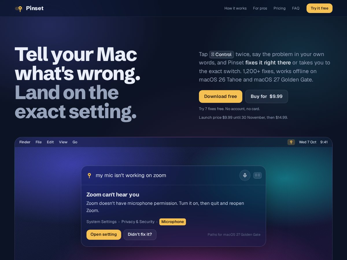 Landing-page snapshot of getpinset.com