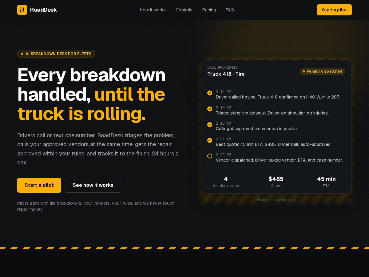 Landing-page snapshot of getroaddesk.com