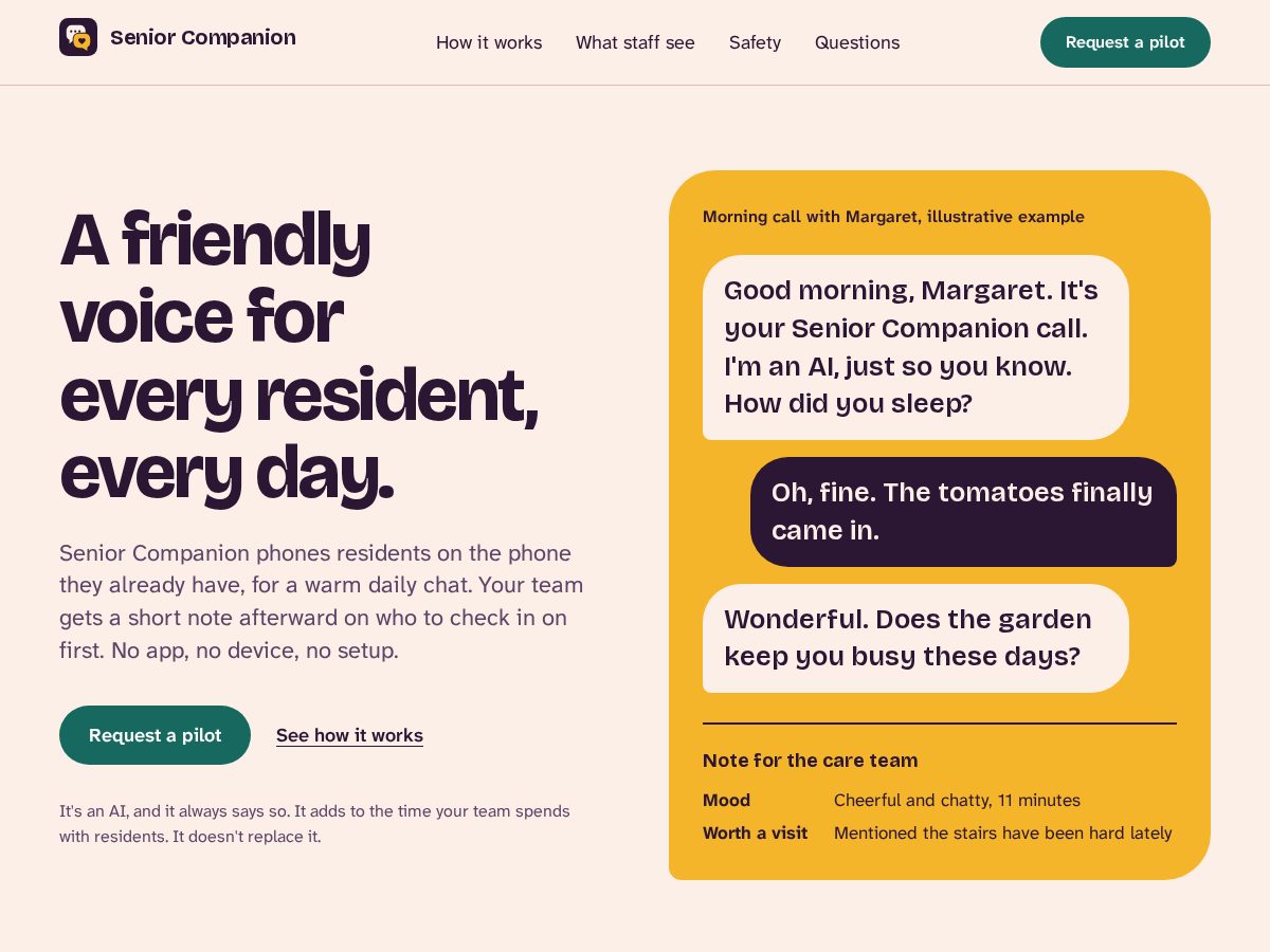 Landing-page snapshot of getseniorcompanion.com