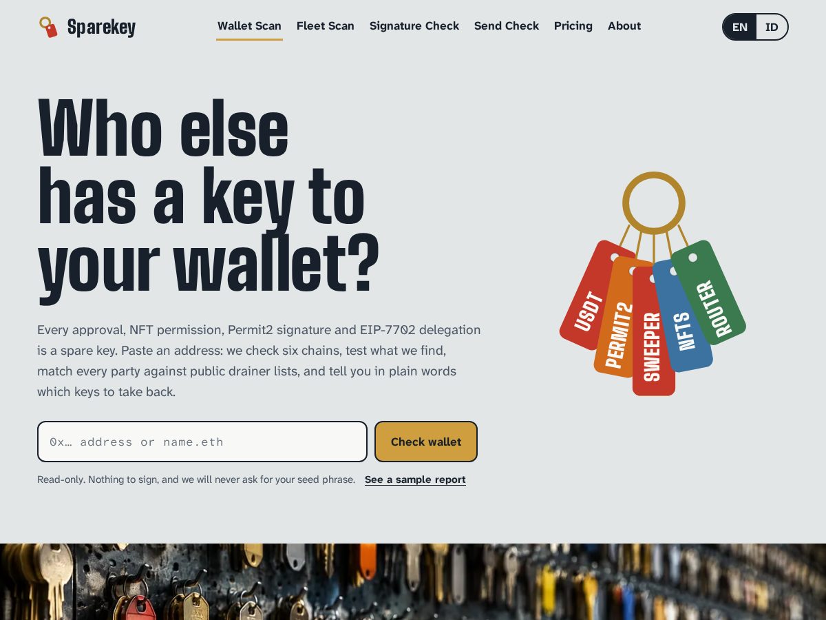 Landing-page snapshot of getsparekey.org
